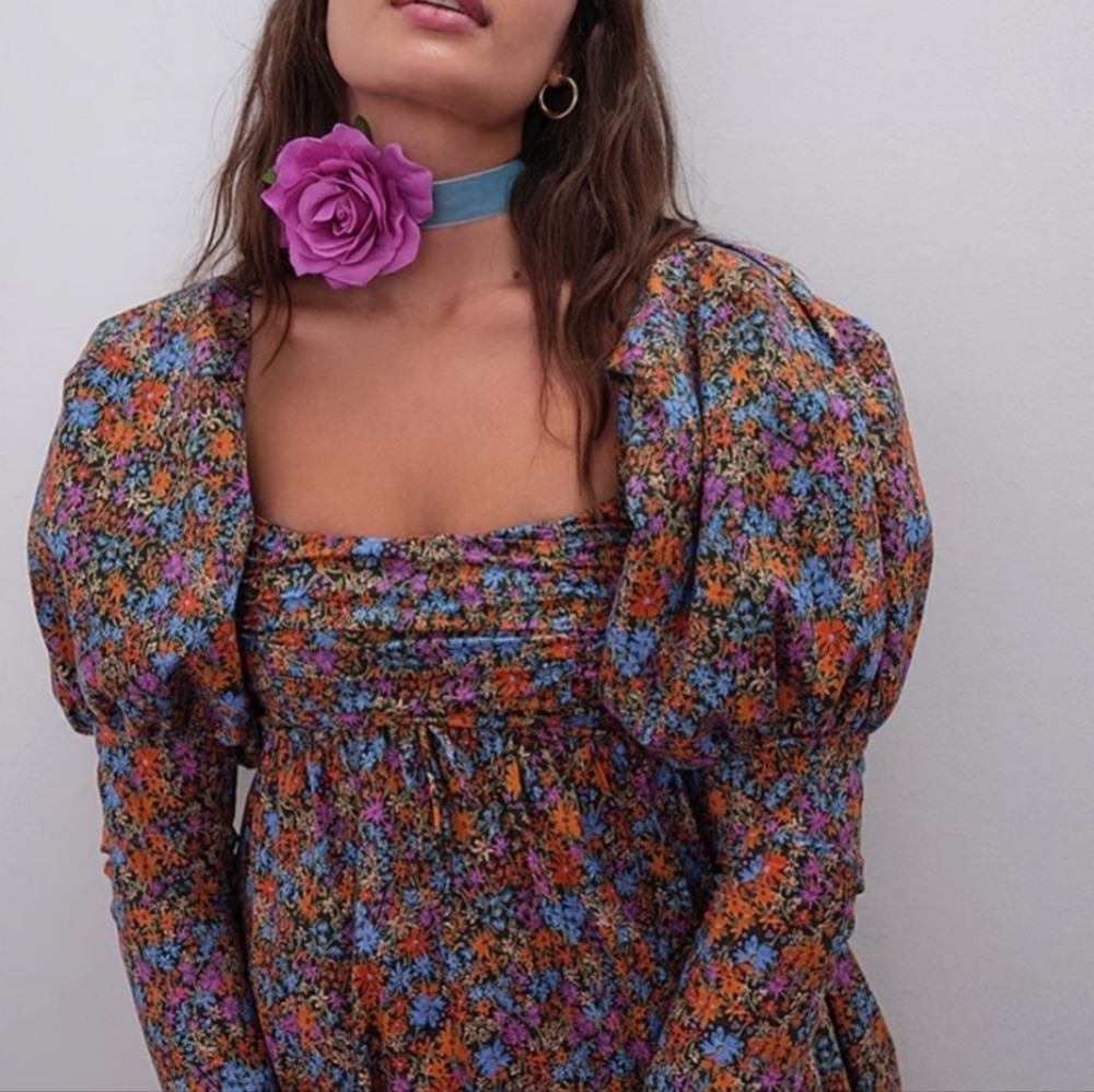 New!For Love And Lemons Brittany Long Sleeve‎ Floral Print Mini Dress - Picture 2 of 10
